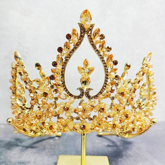 Bridal Tiara Crown, Gold Crystal Beaded Headpiece, Gold Pageant Crown - Picture 8 of 8